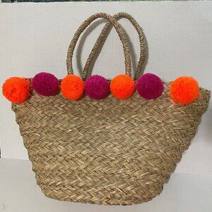 Straw Bag with Pink and Orange Pom Poms